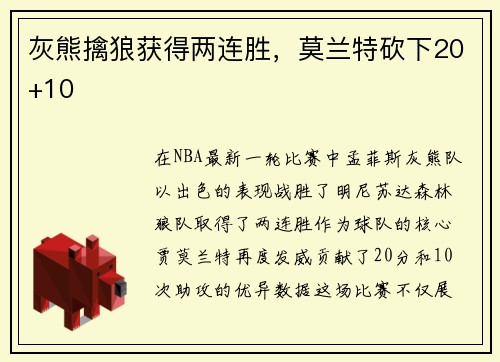灰熊擒狼获得两连胜，莫兰特砍下20+10